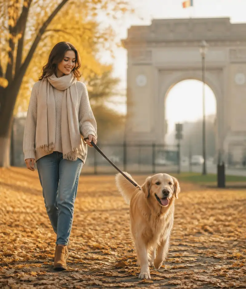Petsitter plimbând un câine într-un parc din București