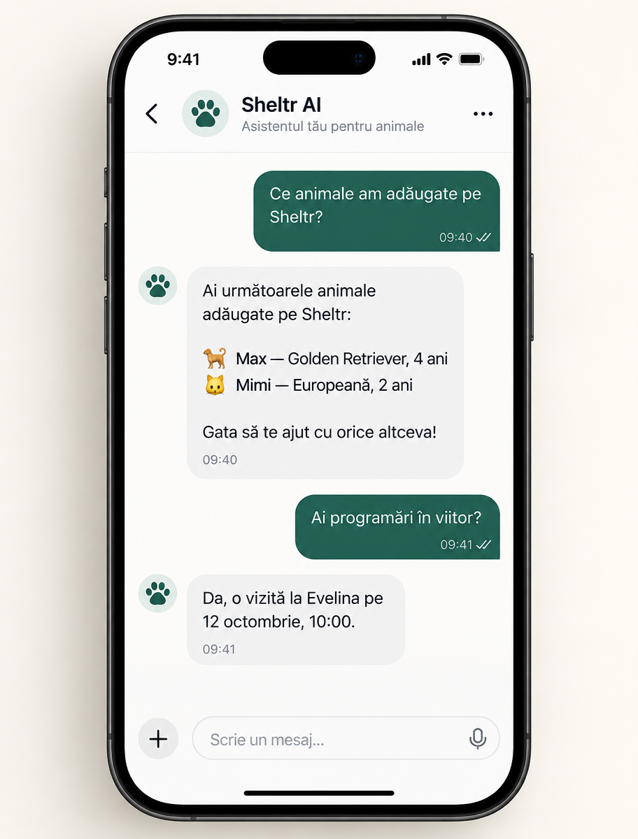 Exemplu de conversație în care asistentul AI afișează animalele și programările utilizatorului