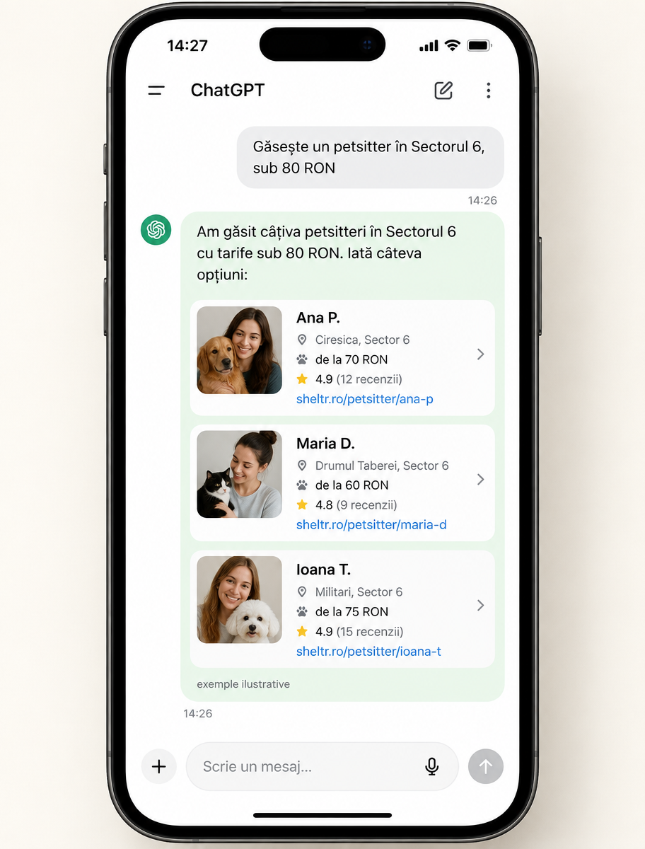 Exemplu de conversație cu un asistent AI care afișează petsitteri din Sectorul 6